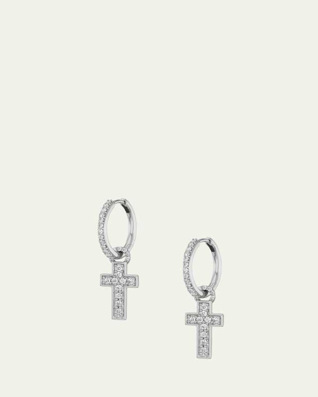 Sterling Silver Diamond Cross Charm Huggie Earrings